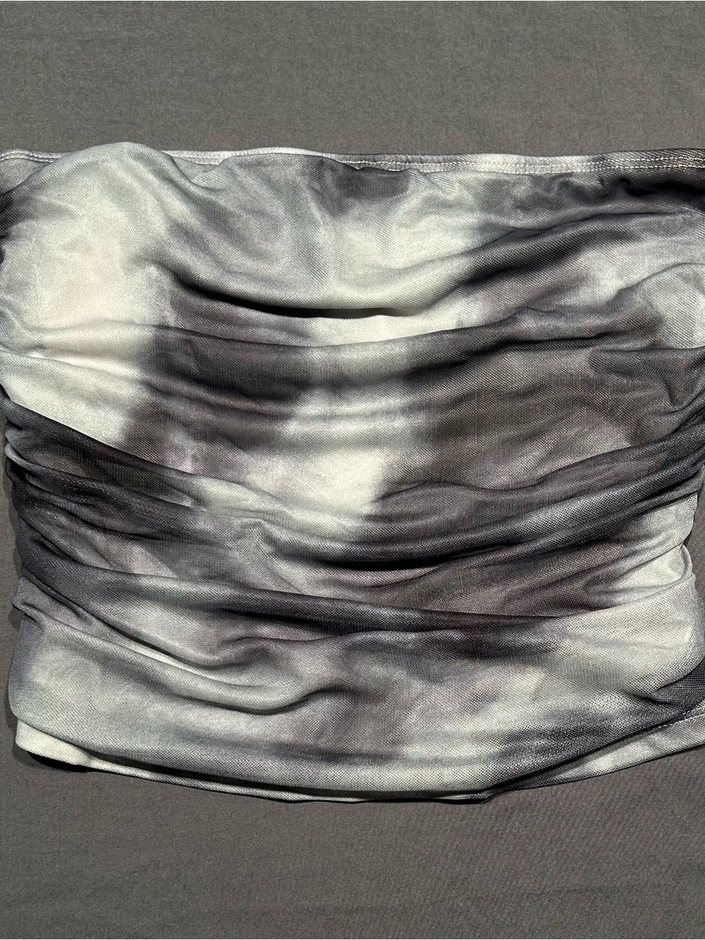 SHEIN Grey & White Tie-Dye Ruched Sheer Mesh Tube Top